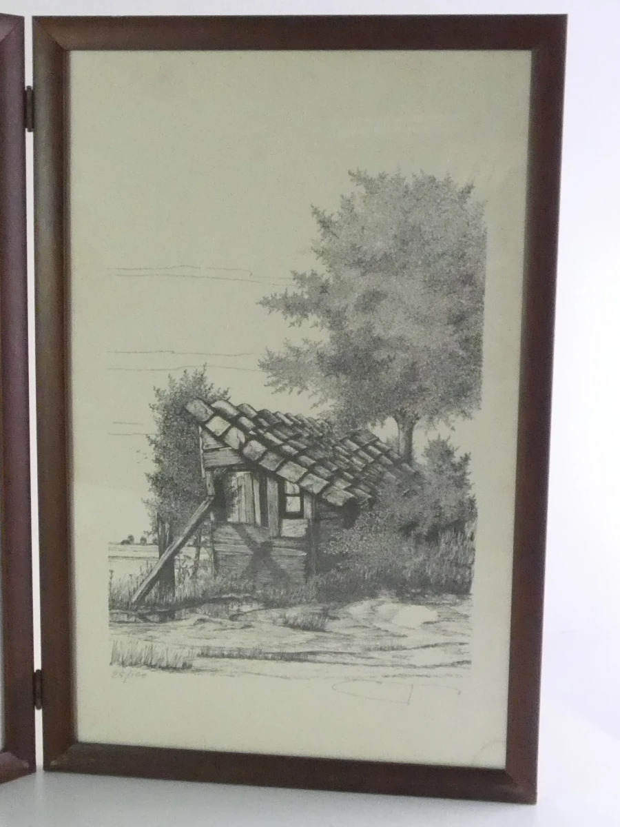 Triptychon met pentekeningen van landelijke huizen, 25/100