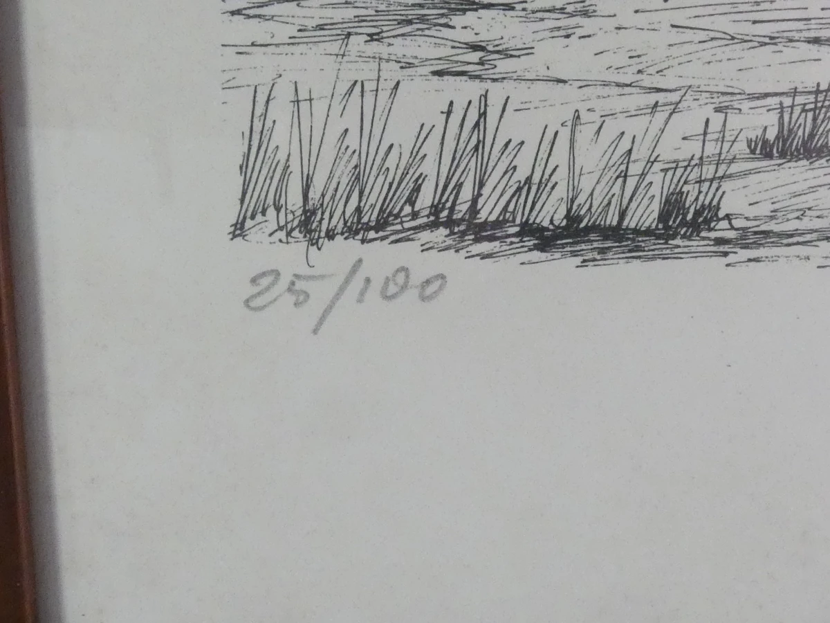 Triptychon met pentekeningen van landelijke huizen, 25/100