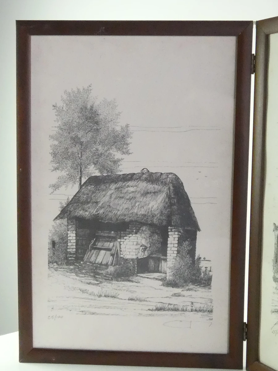 Triptychon met pentekeningen van landelijke huizen, 25/100