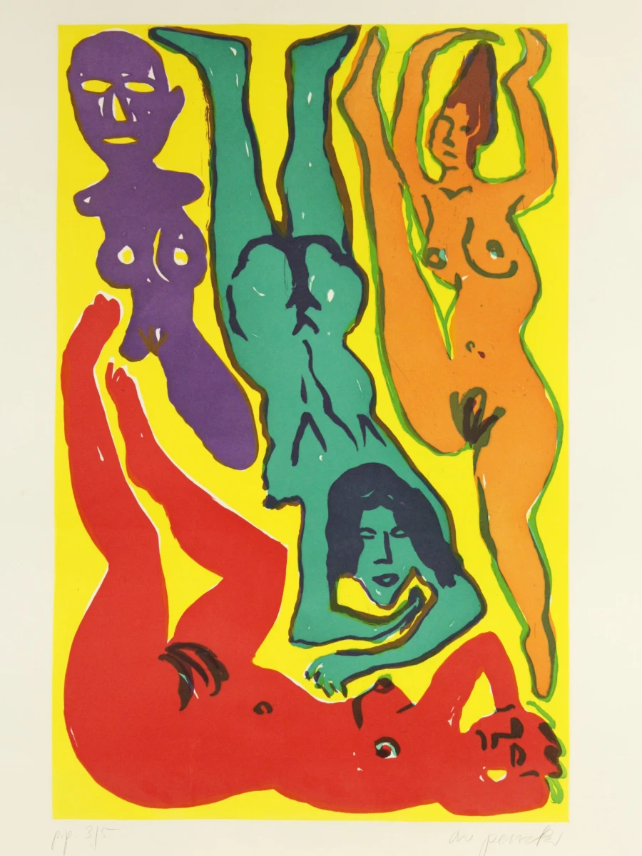 Gesigneerde proefdruk "Drei Frauen mit Dämon" A.R. Penck (1939-2017)