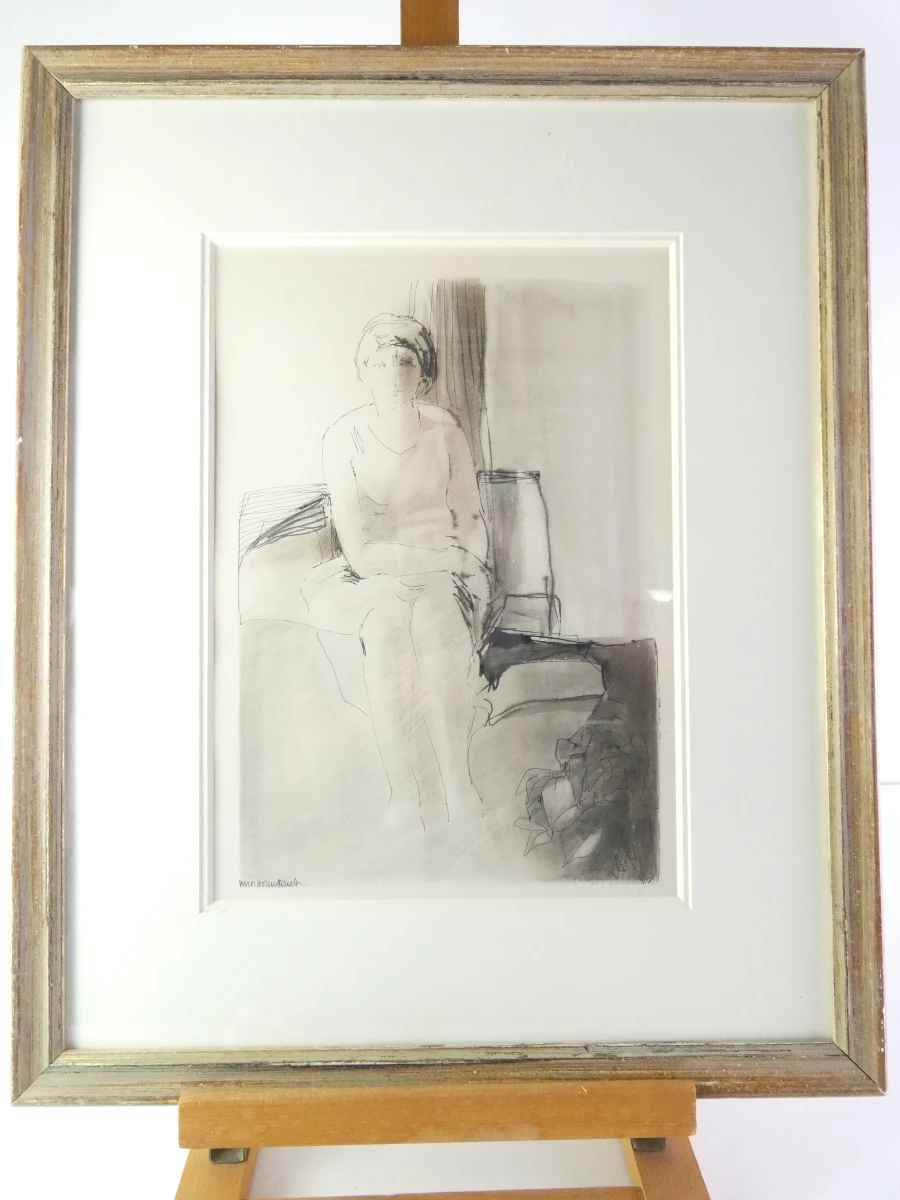 Ingelijste tekening vrouw zittend in interieur