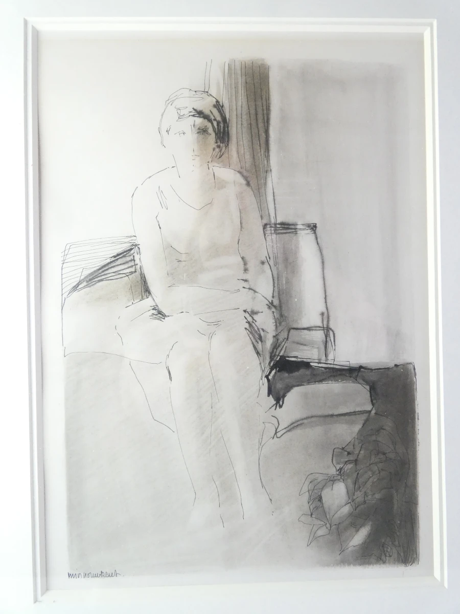 Ingelijste tekening vrouw zittend in interieur