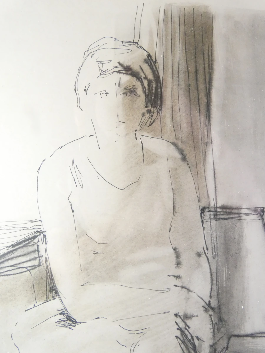 Ingelijste tekening vrouw zittend in interieur