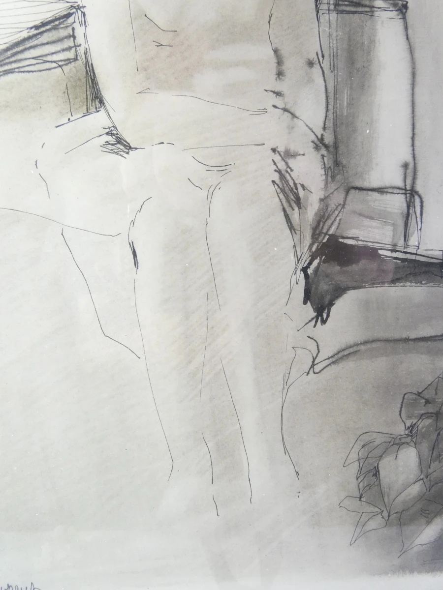 Ingelijste tekening vrouw zittend in interieur