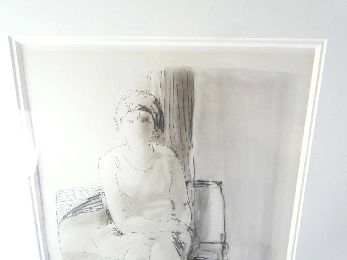 Ingelijste tekening vrouw zittend in interieur