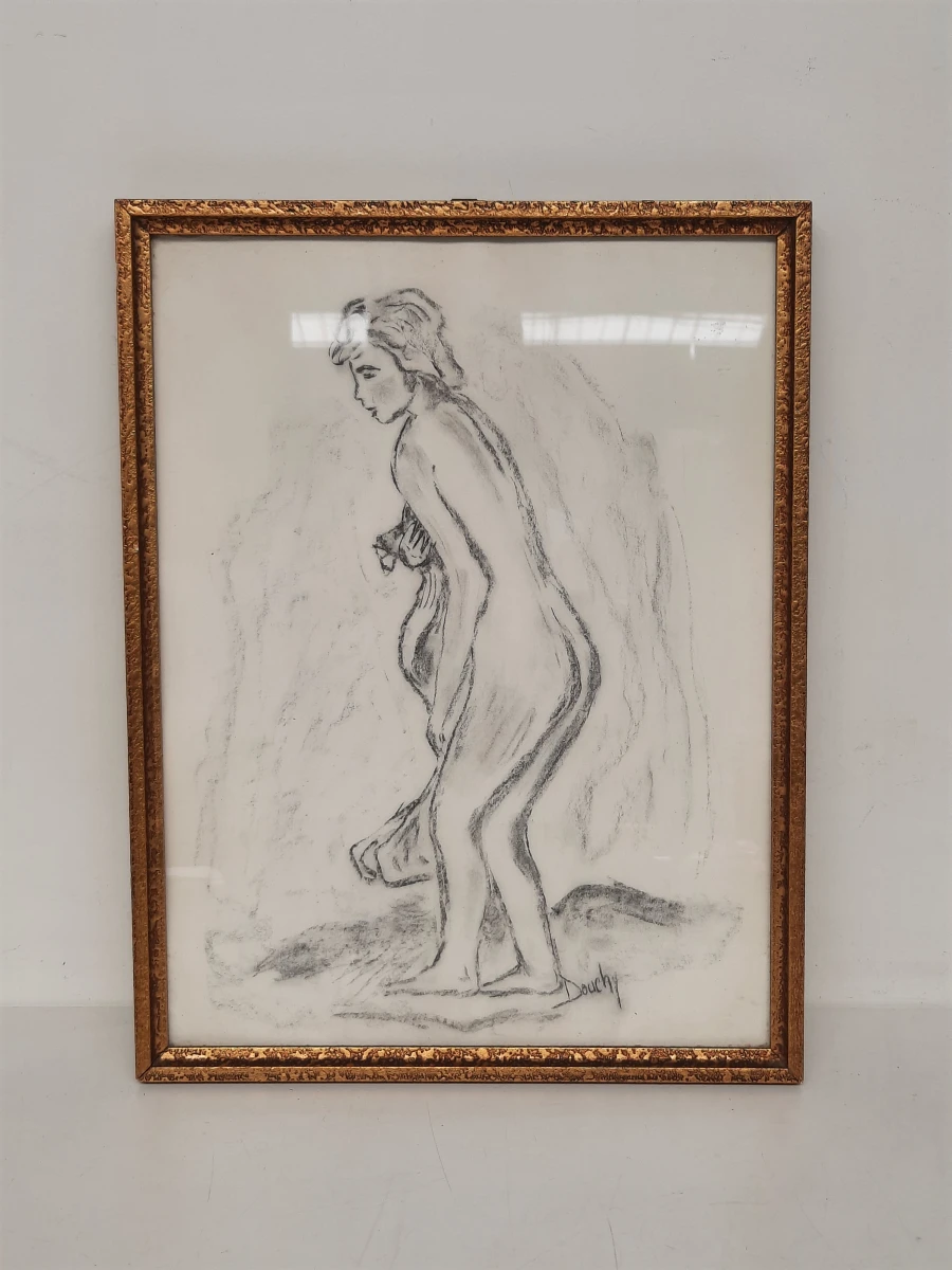 Ingelijste Tekening 'Vrouwelijk Naakt' – Gesigneerd Douchy – Vintage