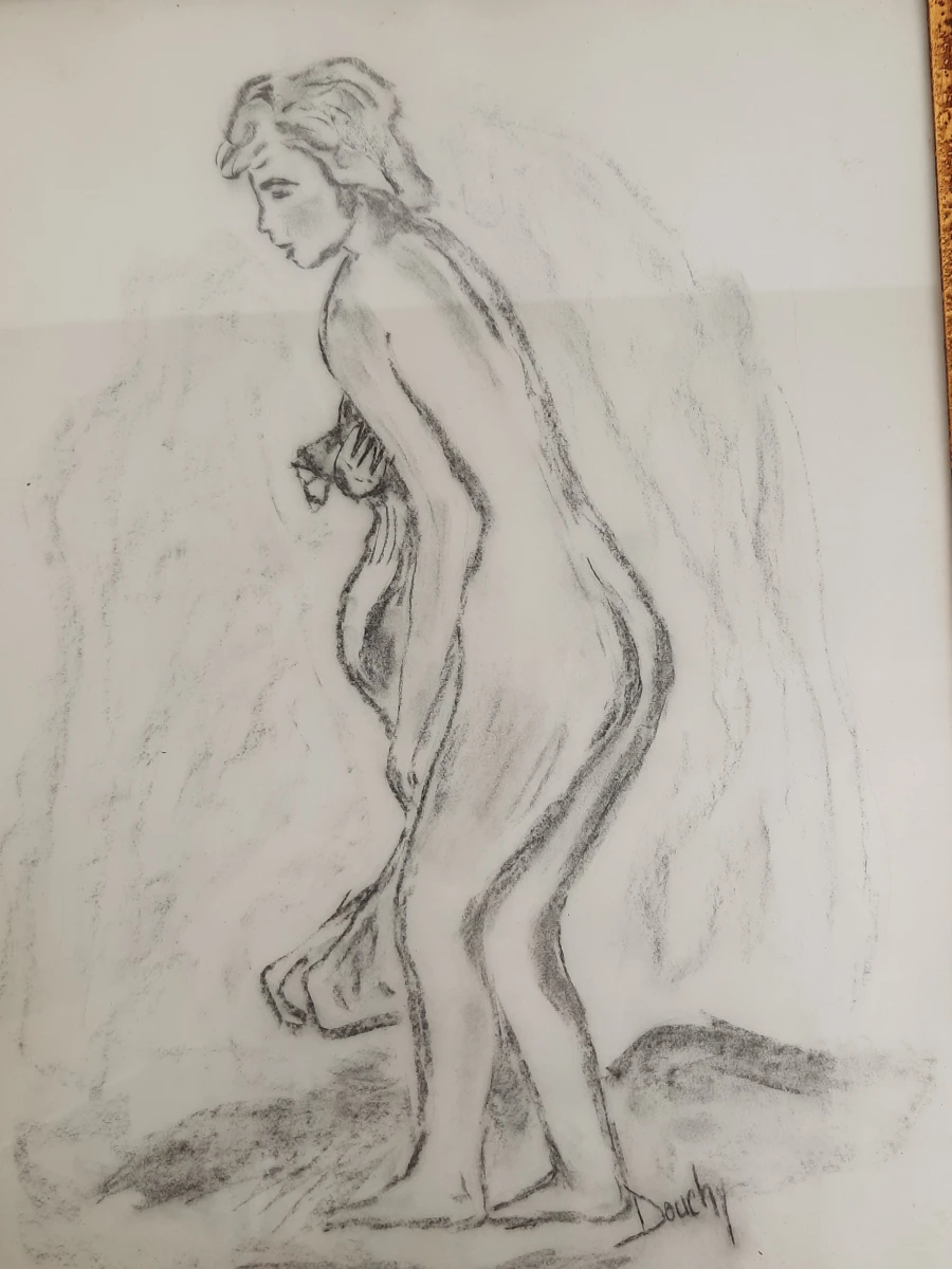 Ingelijste Tekening 'Vrouwelijk Naakt' – Gesigneerd Douchy – Vintage