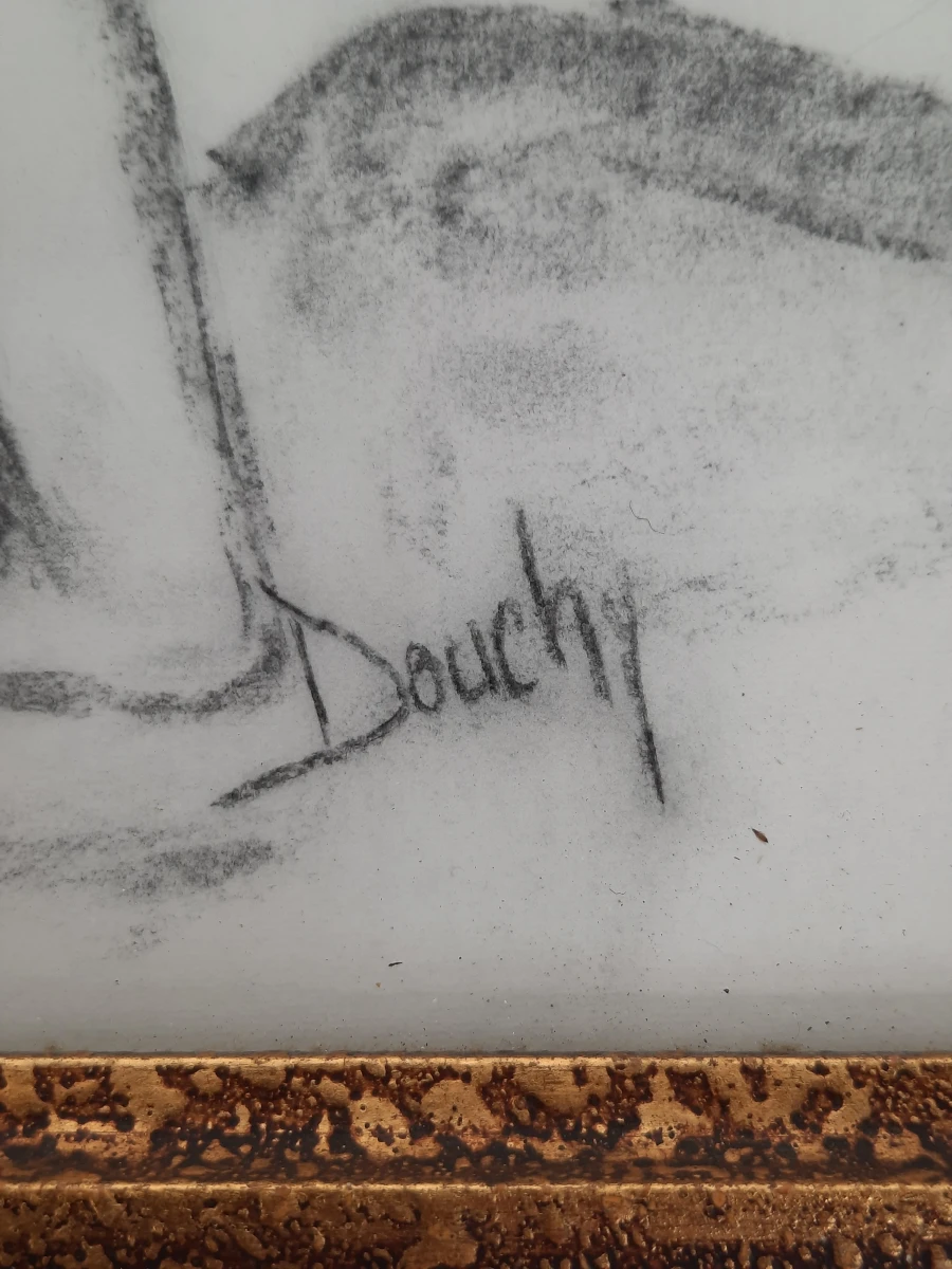 Ingelijste Tekening 'Vrouwelijk Naakt' – Gesigneerd Douchy – Vintage