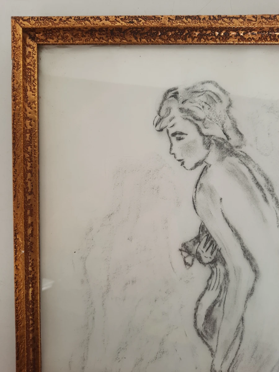 Ingelijste Tekening 'Vrouwelijk Naakt' – Gesigneerd Douchy – Vintage