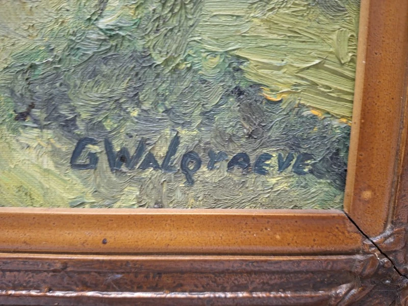 Olieverfschilderij van een impressionistisch dorpsgezicht met processie naar het kerkje - G. Walgraeve - foto 6