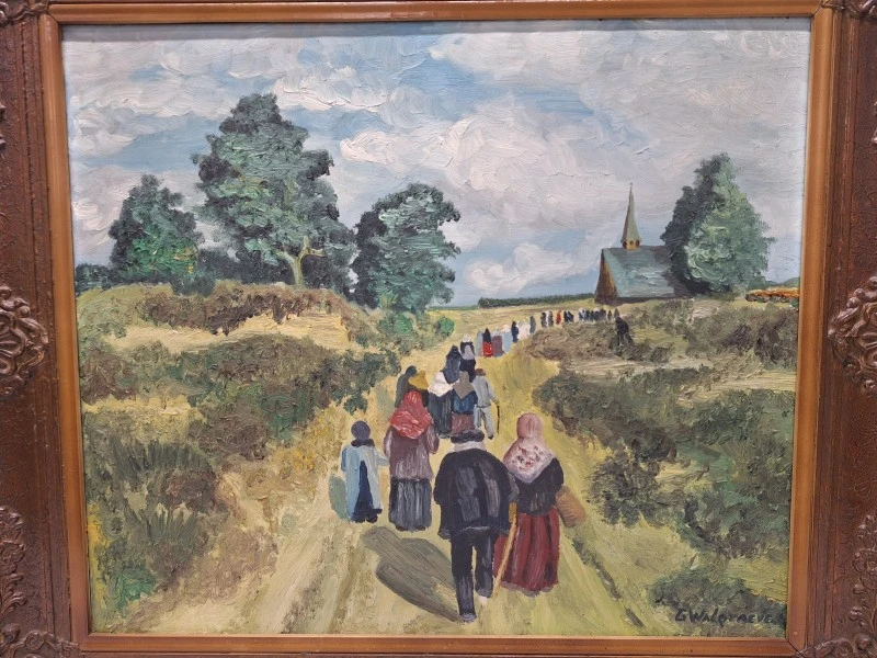 Olieverfschilderij van een impressionistisch dorpsgezicht met processie naar het kerkje - G. Walgraeve - foto 2