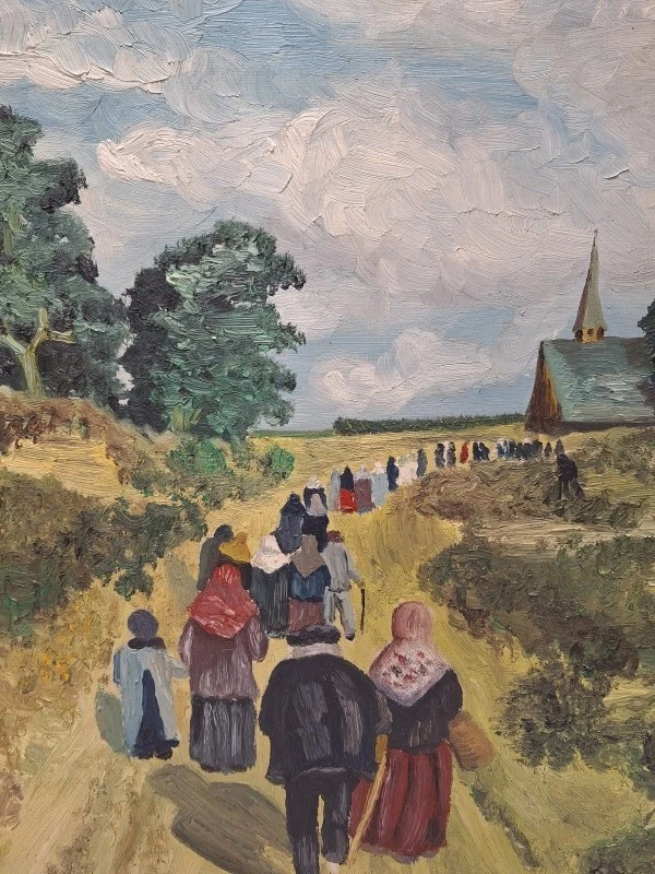 Olieverfschilderij van een impressionistisch dorpsgezicht met processie naar het kerkje - G. Walgraeve - foto 3