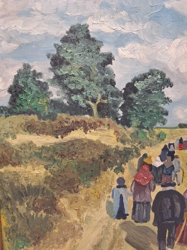Olieverfschilderij van een impressionistisch dorpsgezicht met processie naar het kerkje - G. Walgraeve - foto 4