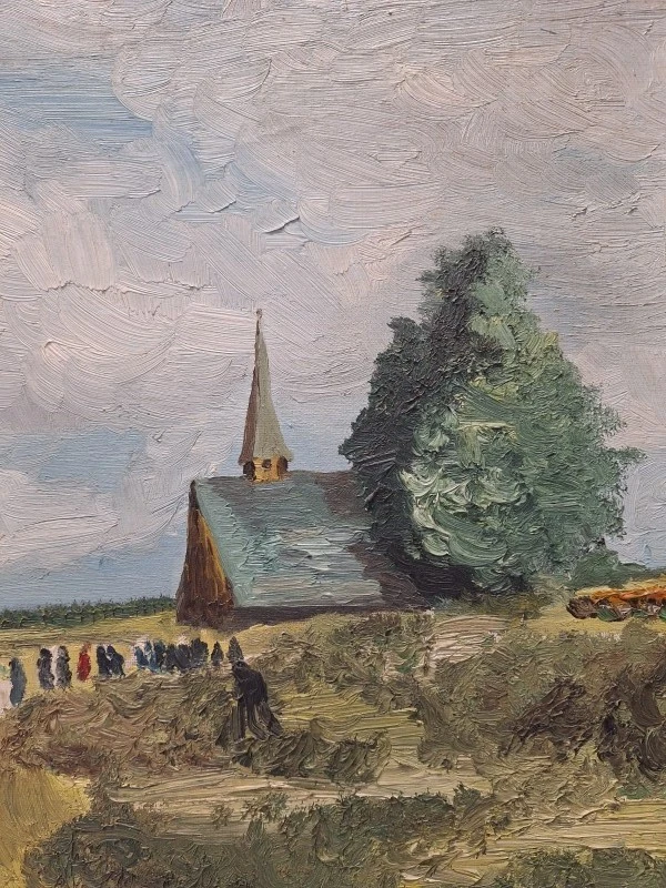 Olieverfschilderij van een impressionistisch dorpsgezicht met processie naar het kerkje - G. Walgraeve - foto 5