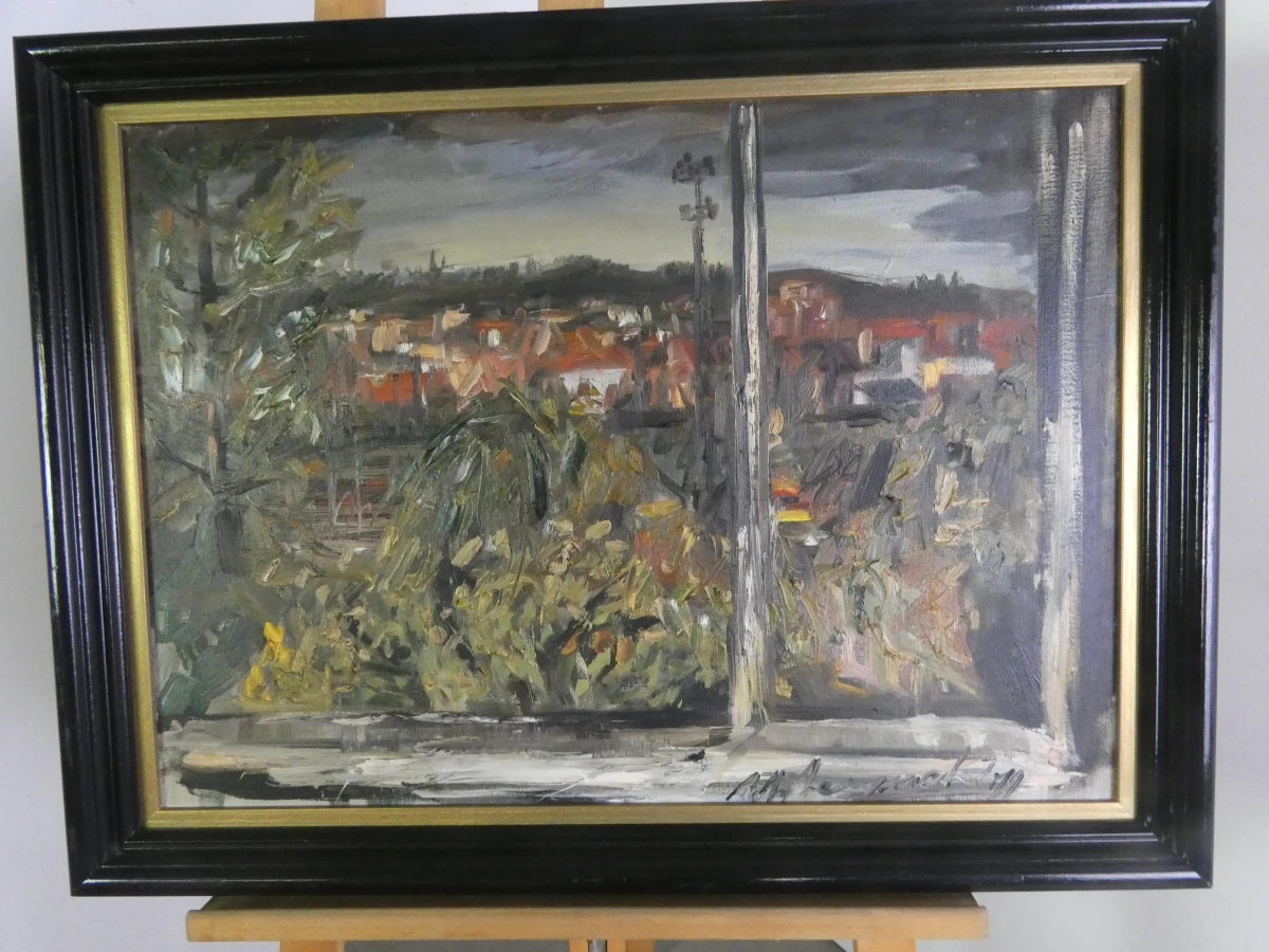 Olieverfschilderij stadszicht door raam