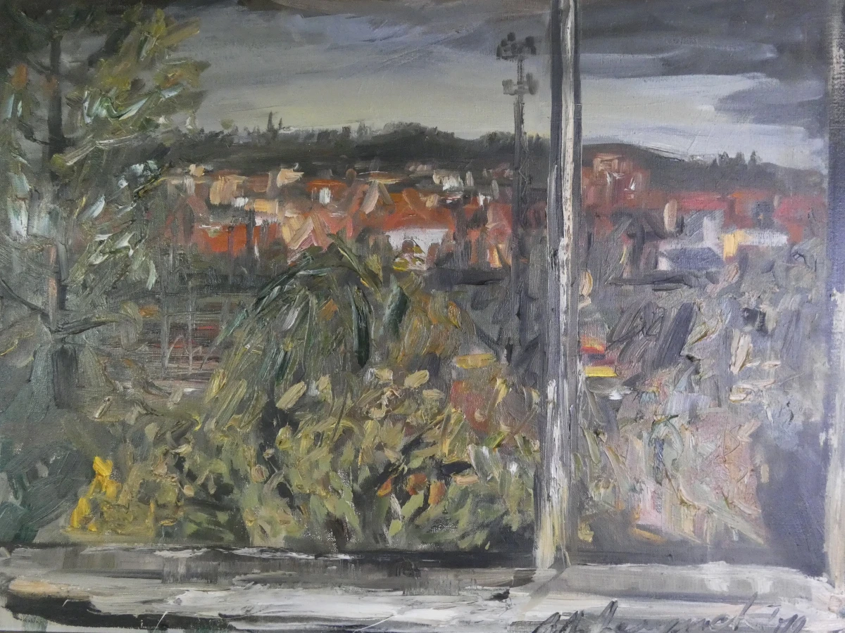 Olieverfschilderij stadszicht door raam