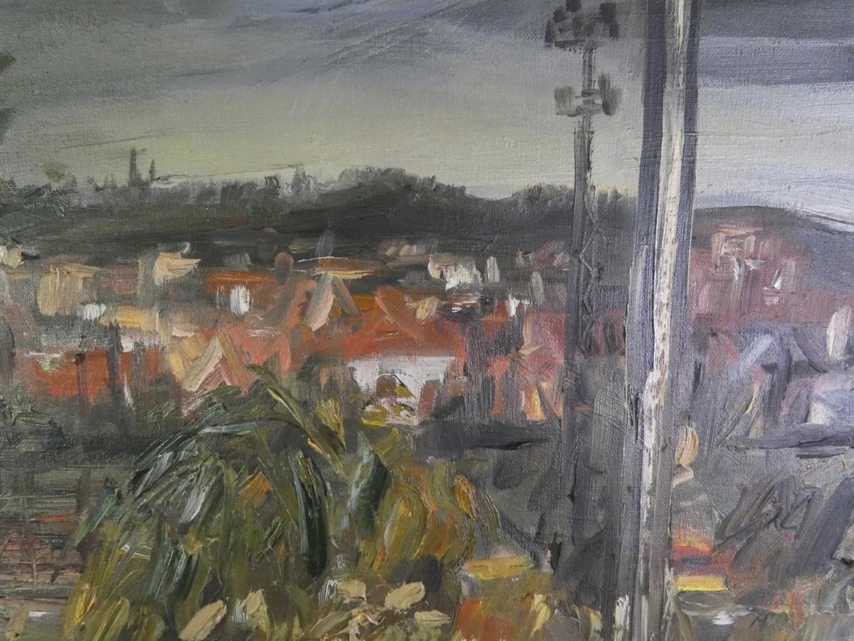 Olieverfschilderij stadszicht door raam