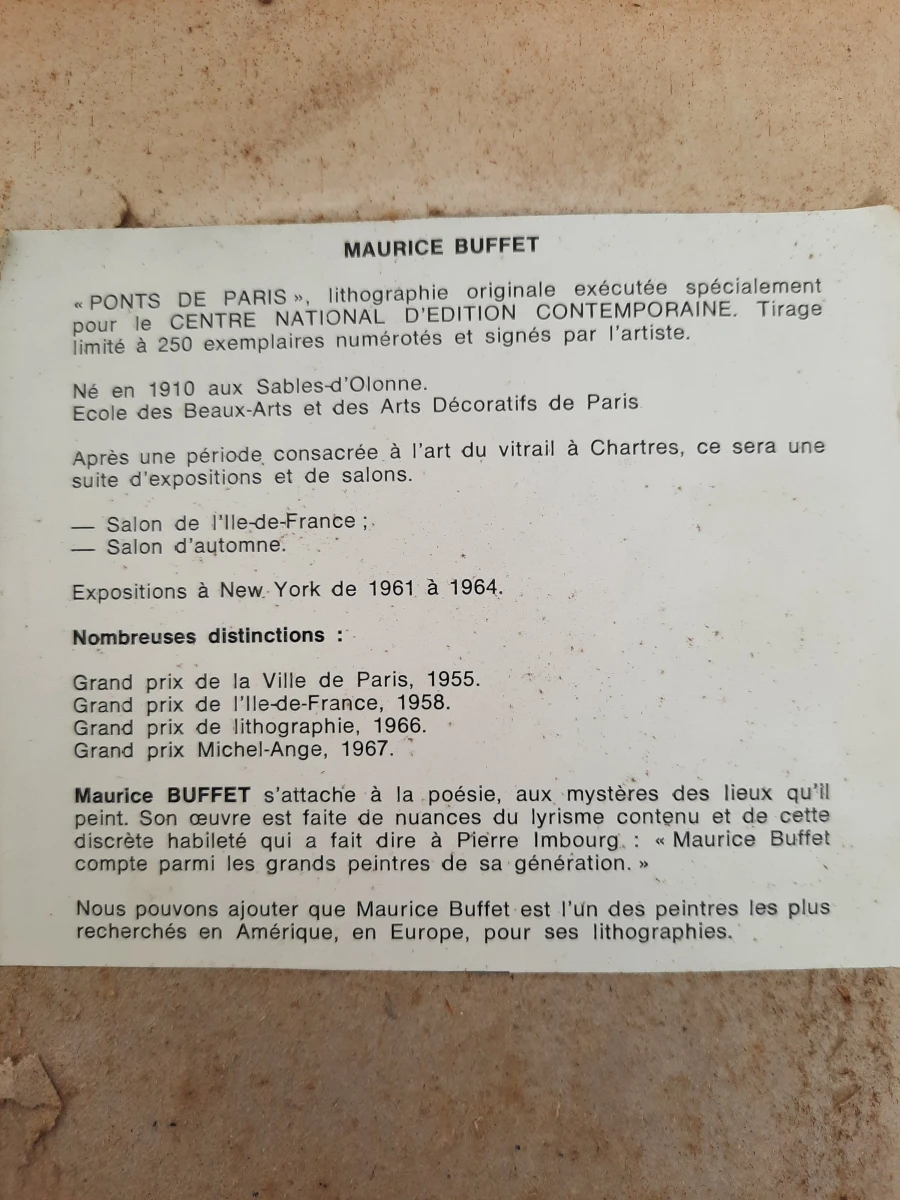 Maurice Buffet – "Ponts de Paris" – Originele Litho met COA – Nummer 62/250