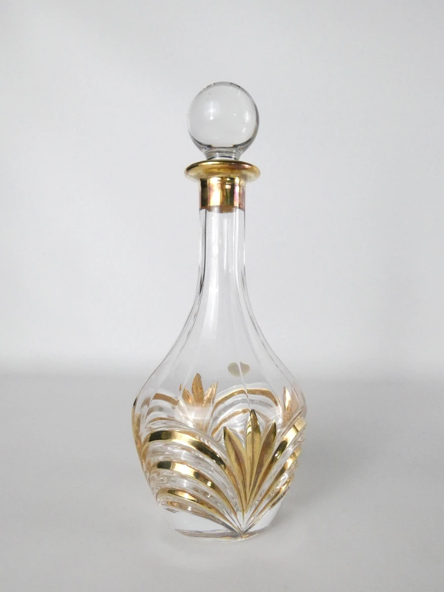 Set van kristallen karaf, 2 glazen en spiegelplateau met gouden accenten - foto 13
