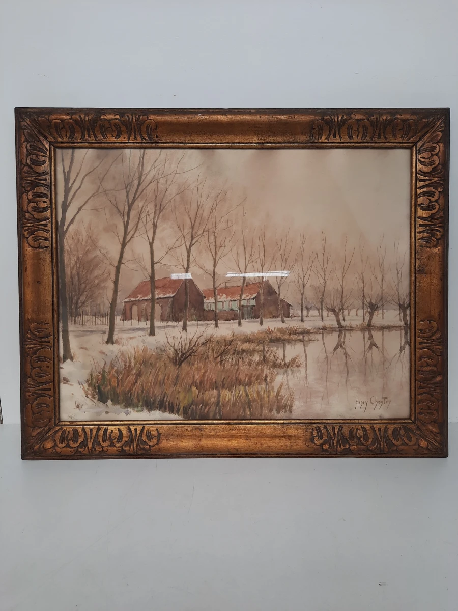 Henry Chantry (1881-1962) – Grote Aquarel 'Sneeuwlandschap met Boerderij'
