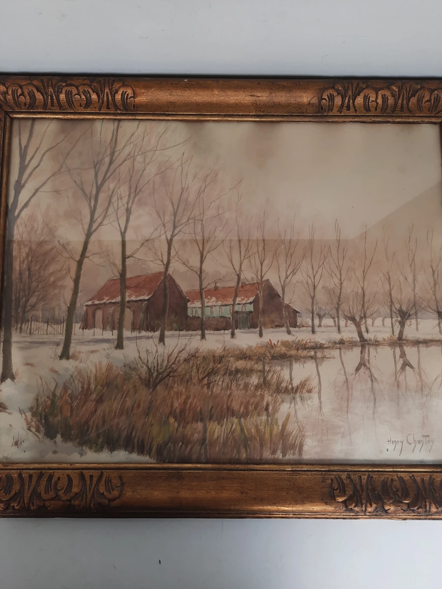 Henry Chantry (1881-1962) – Grote Aquarel 'Sneeuwlandschap met Boerderij'