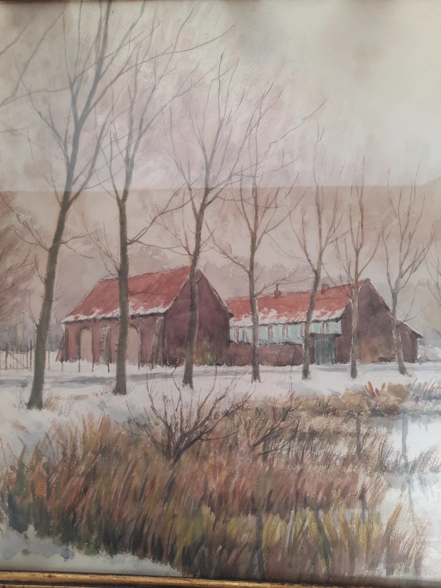 Henry Chantry (1881-1962) – Grote Aquarel 'Sneeuwlandschap met Boerderij'
