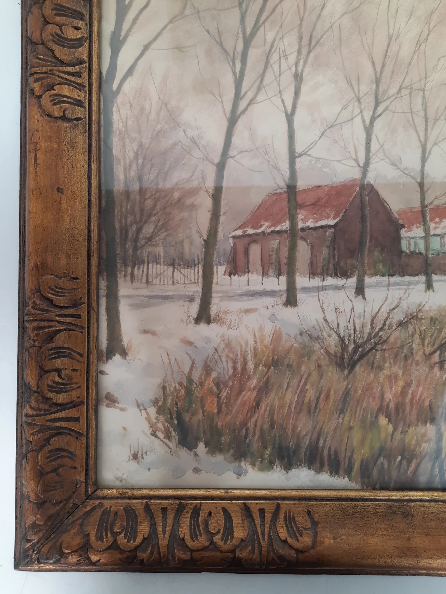 Henry Chantry (1881-1962) – Grote Aquarel 'Sneeuwlandschap met Boerderij'