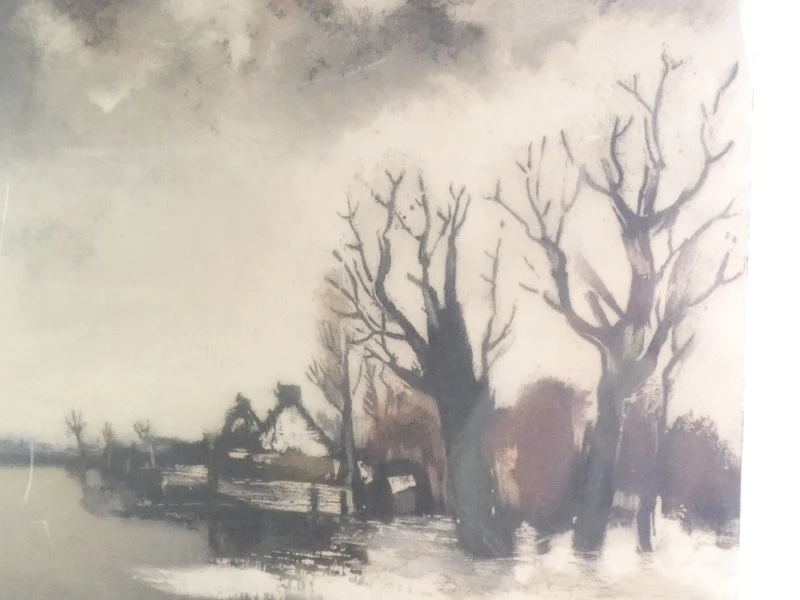 Ingelijste litho van winterlandschap door Roger Hebbelinck naar Savery