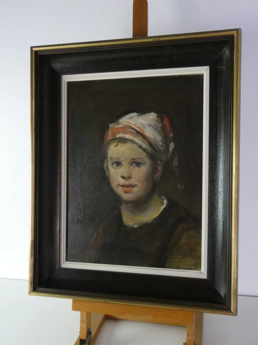 Olieverfschilderij kind met slaapmuts in houten lijst