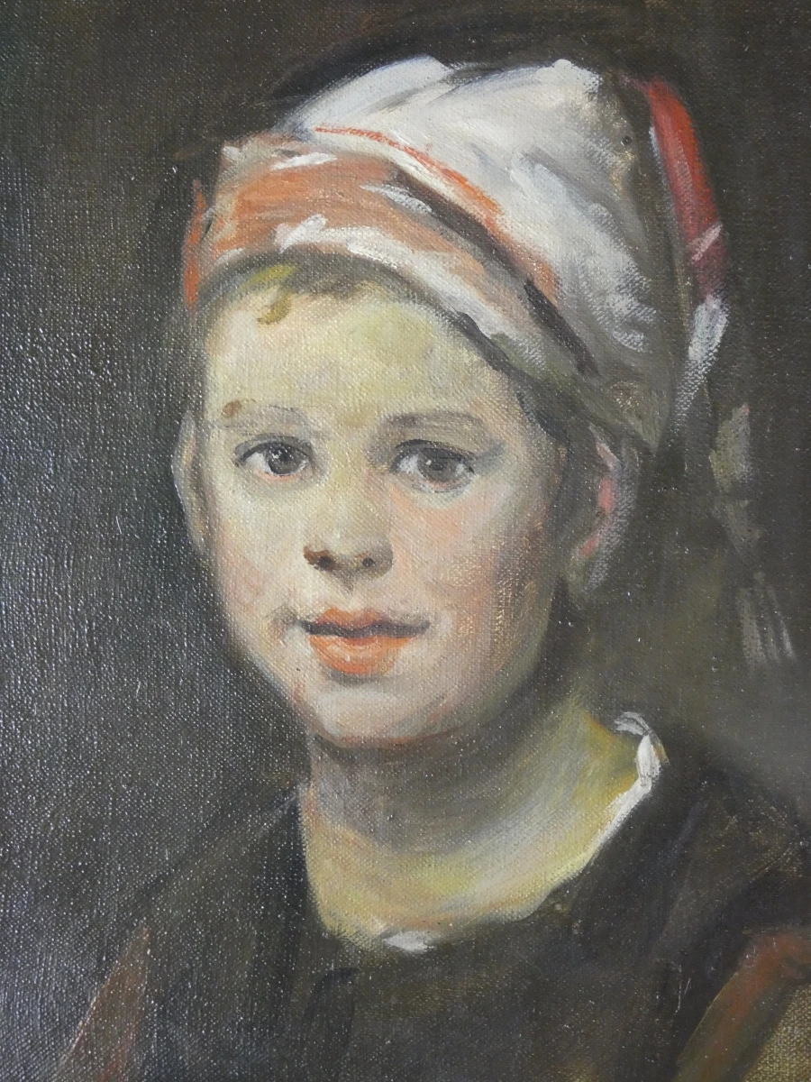 Olieverfschilderij kind met slaapmuts in houten lijst