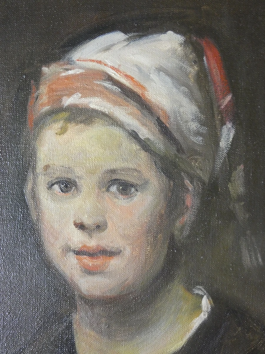 Olieverfschilderij kind met slaapmuts in houten lijst