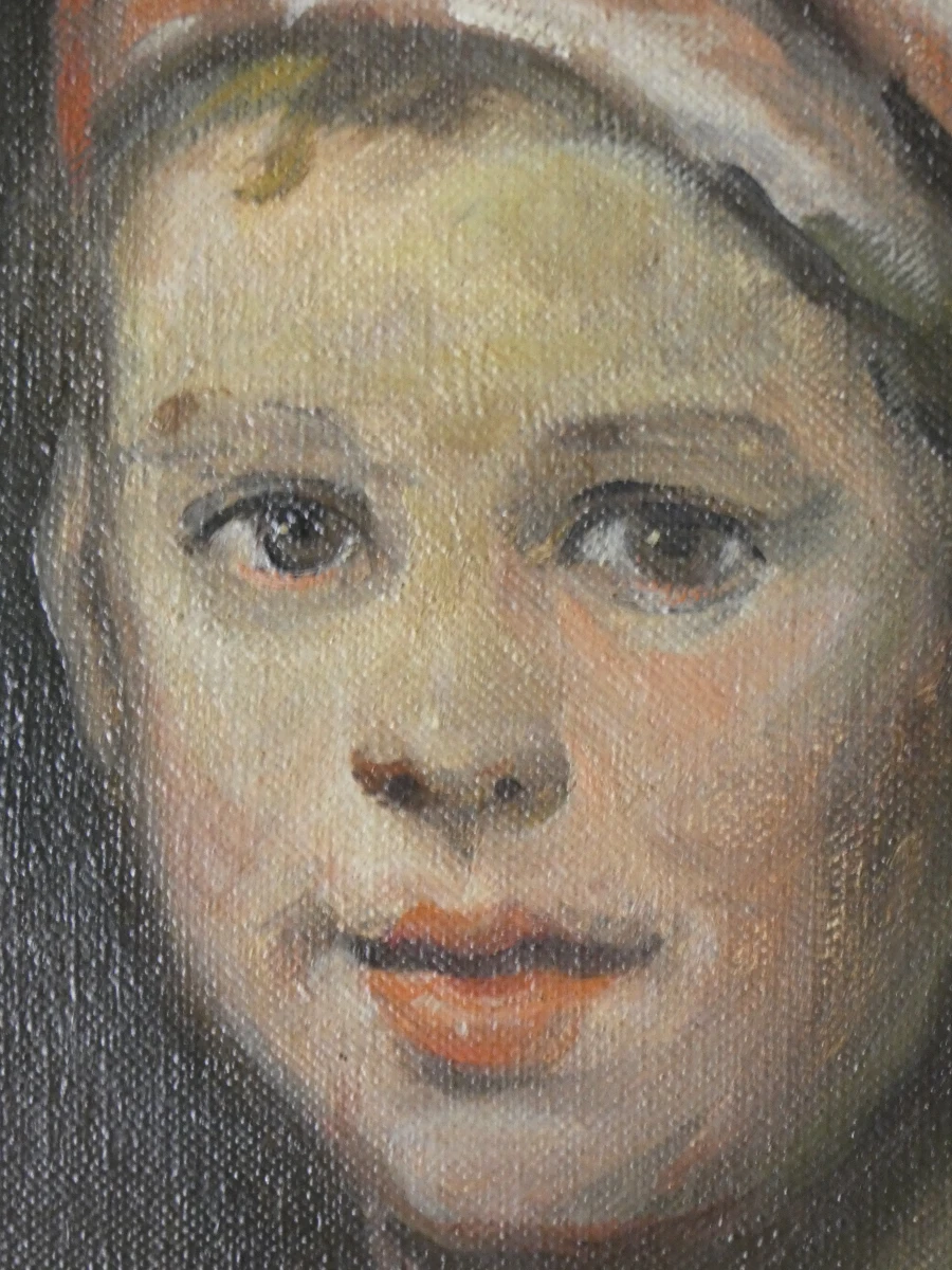 Olieverfschilderij kind met slaapmuts in houten lijst