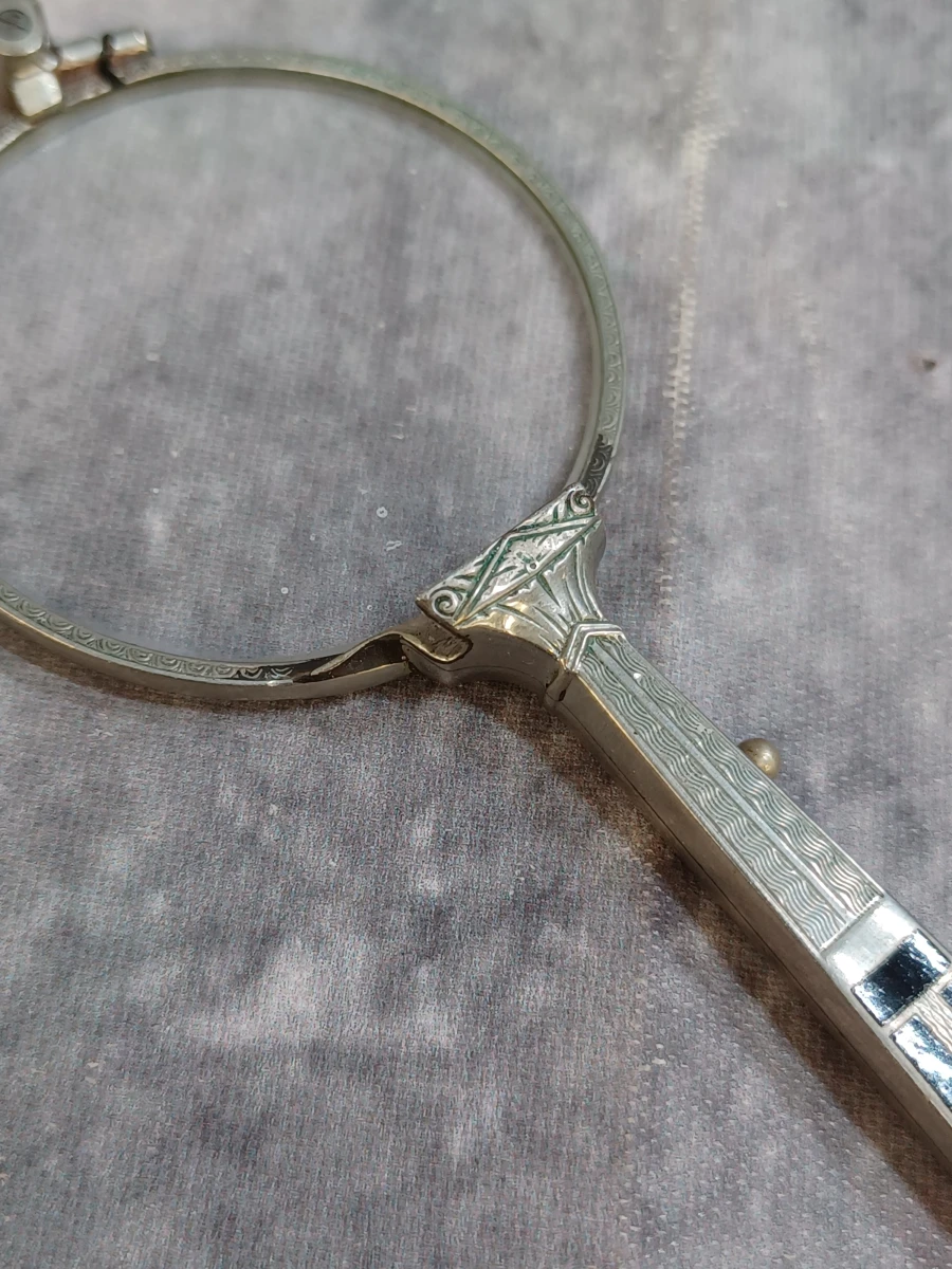 Antieke Art Deco vouwlorgnon met zwart emaille ingelegd handvat - foto 5