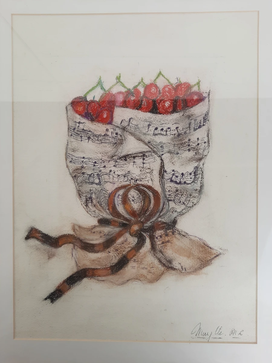 Originele Tekening 'Kersen in Muziekpapier' – Gesigneerd Muylle M.L.