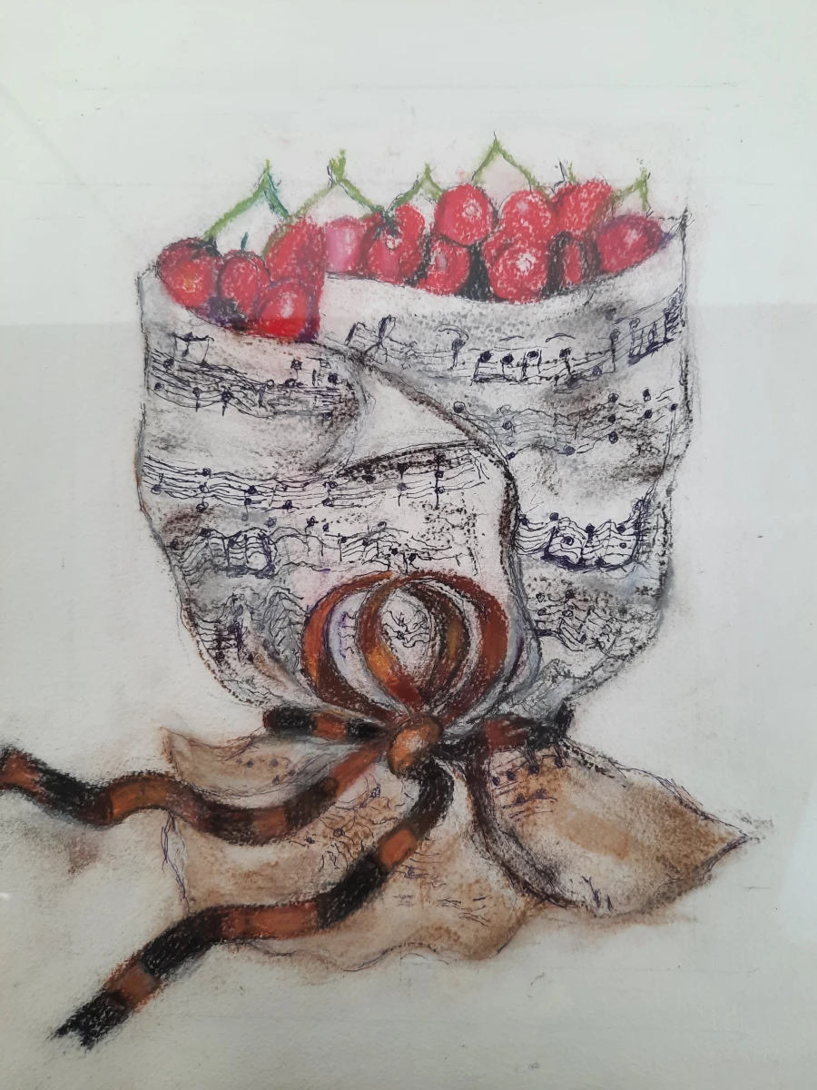 Originele Tekening 'Kersen in Muziekpapier' – Gesigneerd Muylle M.L.