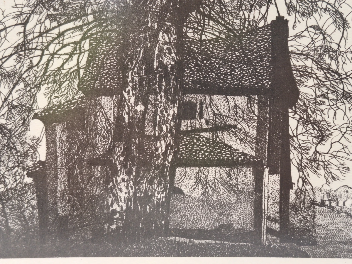 “Arbre et Maison” - fijn uitgewerkte zwart-witprent uit 1974 - J. Estel - foto 3