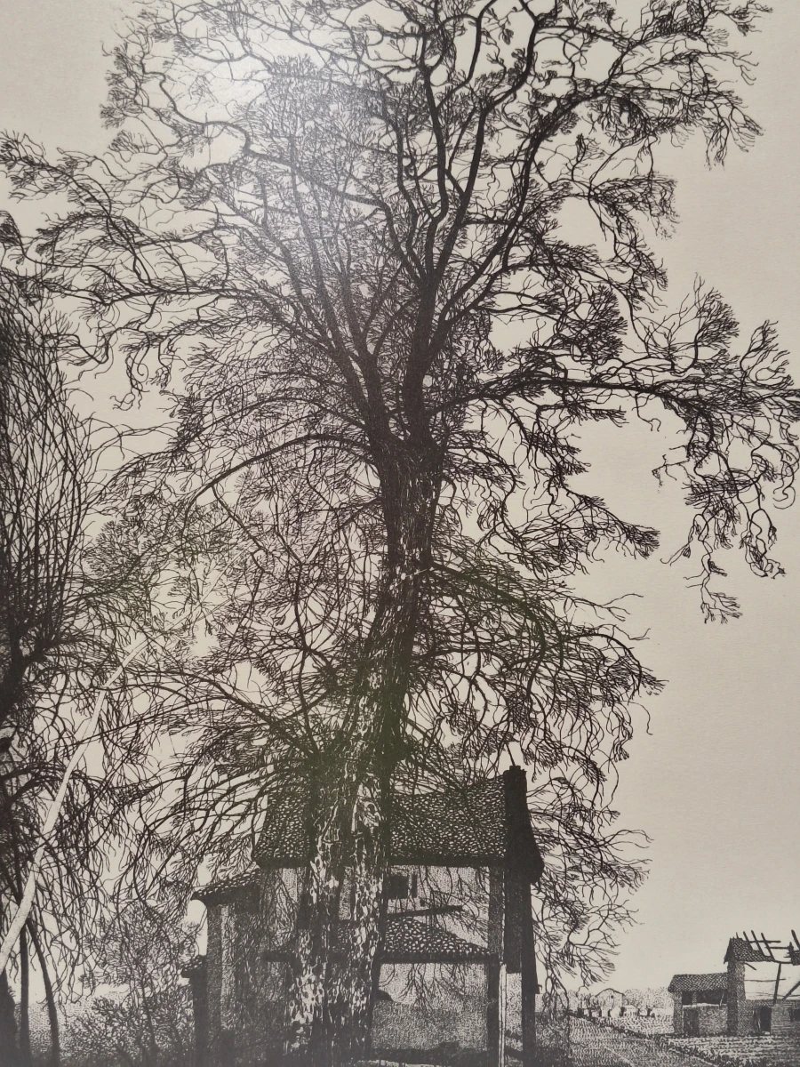 “Arbre et Maison” - fijn uitgewerkte zwart-witprent uit 1974 - J. Estel - foto 2