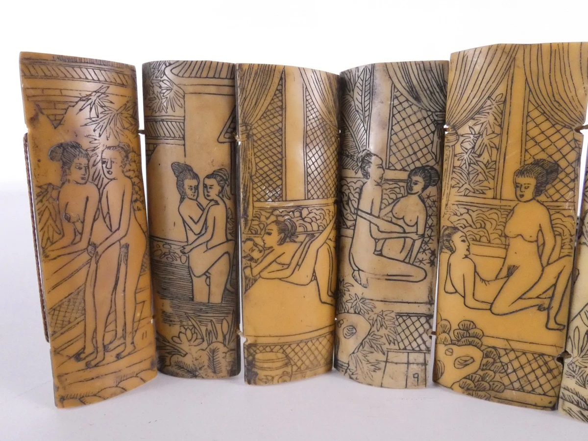 Vintage Erotische Kamasutra Panelen (Handbewerkt Been)