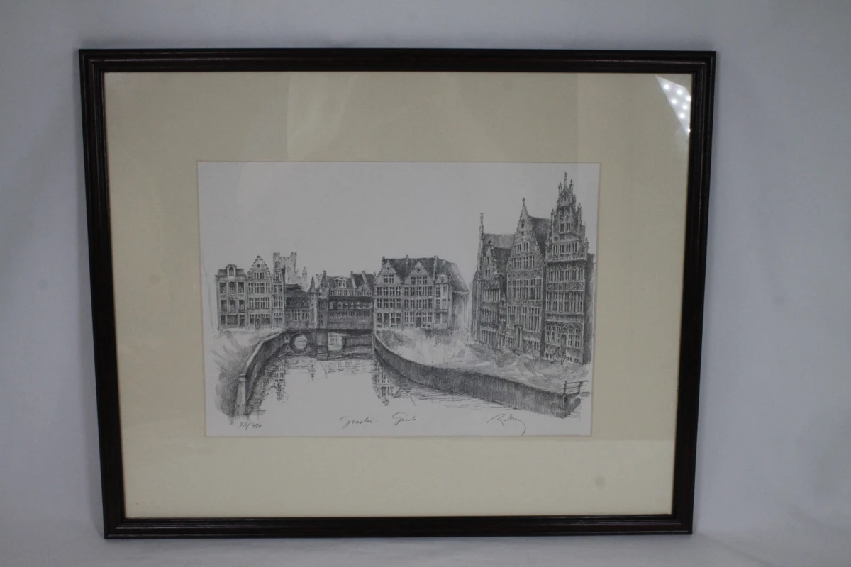 Ingelijste pentekening: Graslei Gent - foto 2