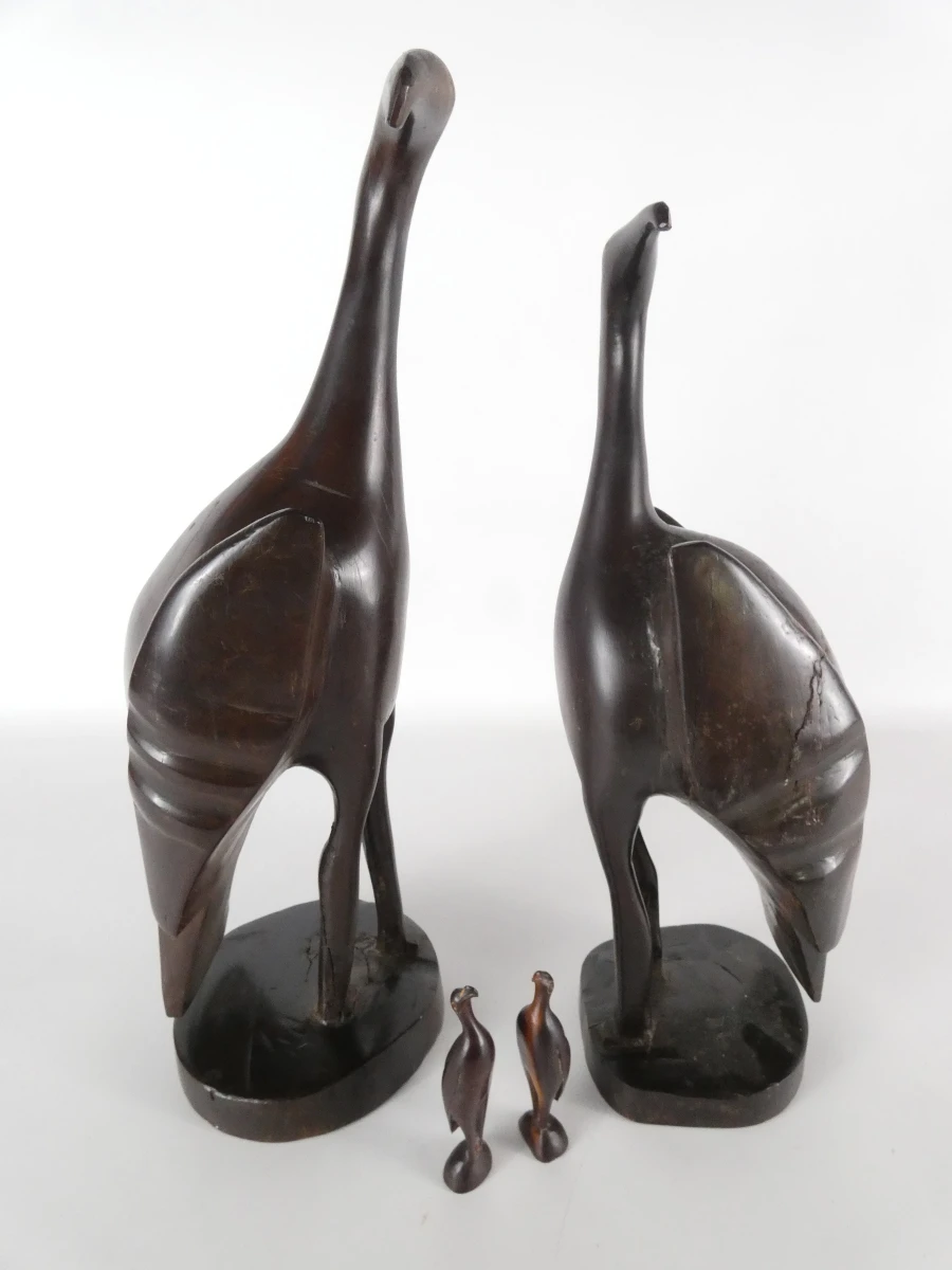 Vintage Houten Vogelgezin – Set van 4 Sculpturen