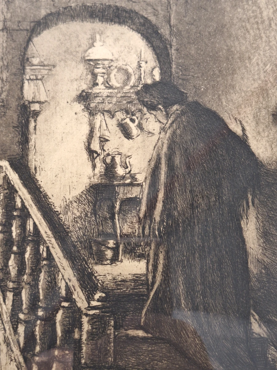 “Dame op trapje” - gesigneerde droge-naaldets - Albert Geudens (1869–1949) - foto 8