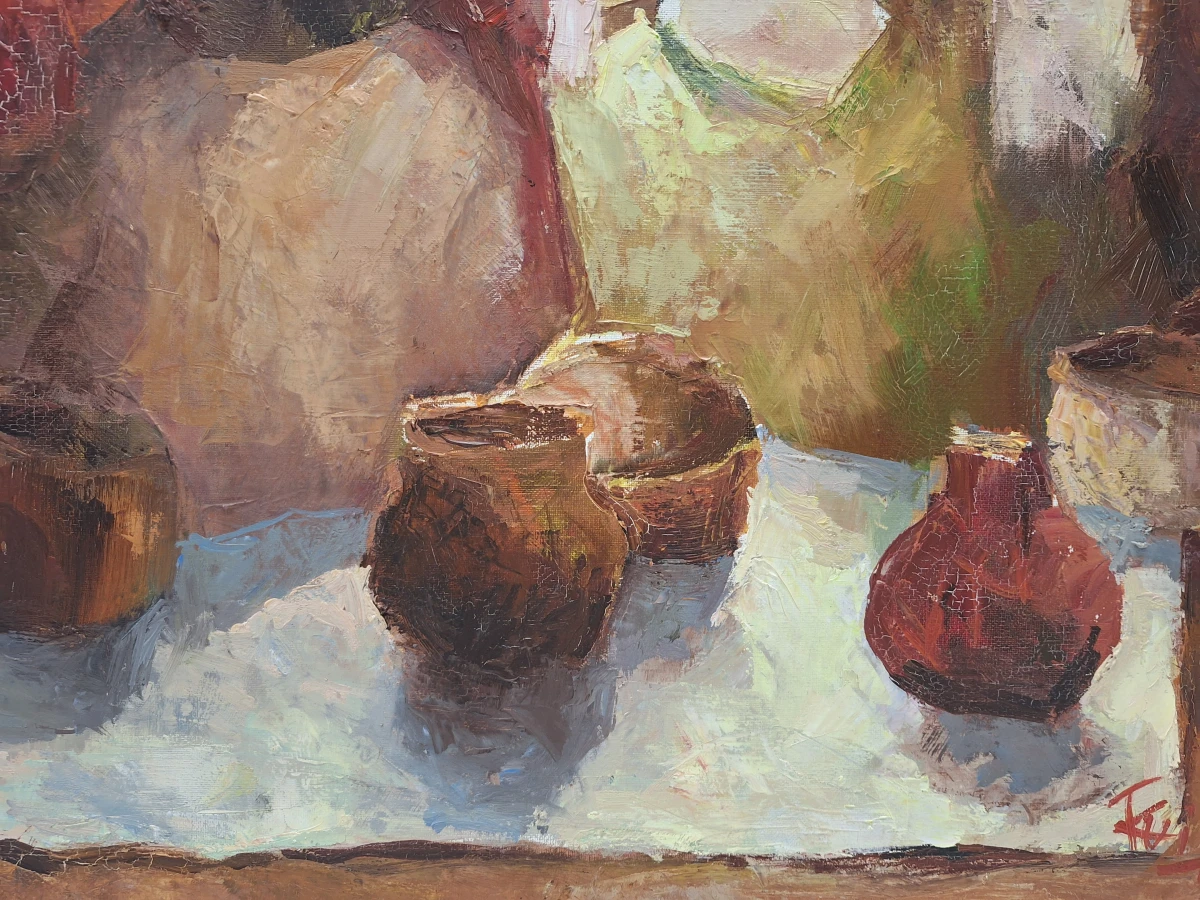 Gesigneerd olieverfschilderij - Twee vrouwen met aardewerk - expressionistisch tafereel, 1992 - foto 5
