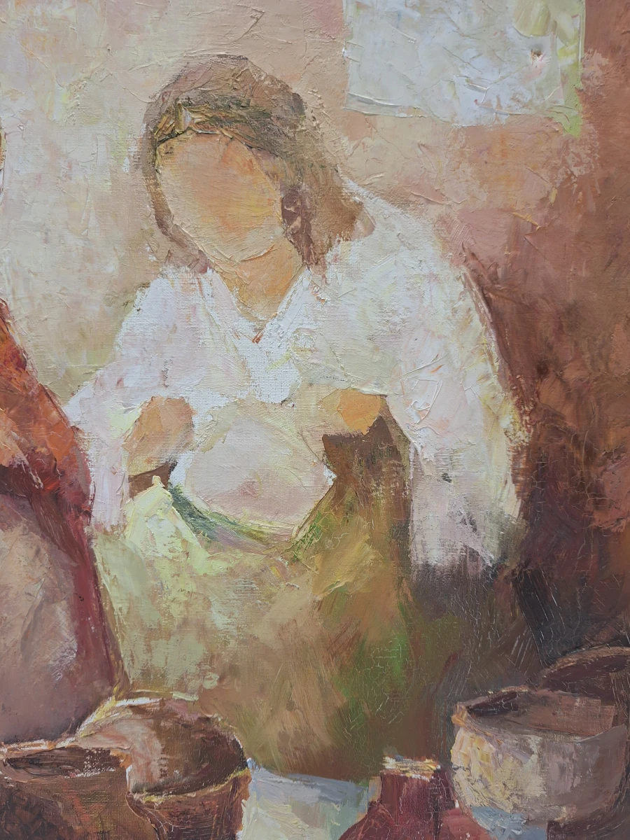 Gesigneerd olieverfschilderij - Twee vrouwen met aardewerk - expressionistisch tafereel, 1992 - foto 3