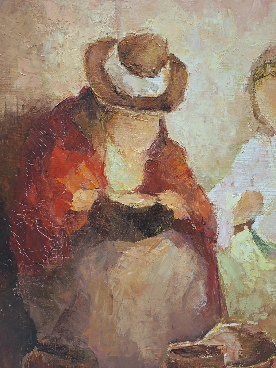 Gesigneerd olieverfschilderij - Twee vrouwen met aardewerk - expressionistisch tafereel, 1992 - foto 4