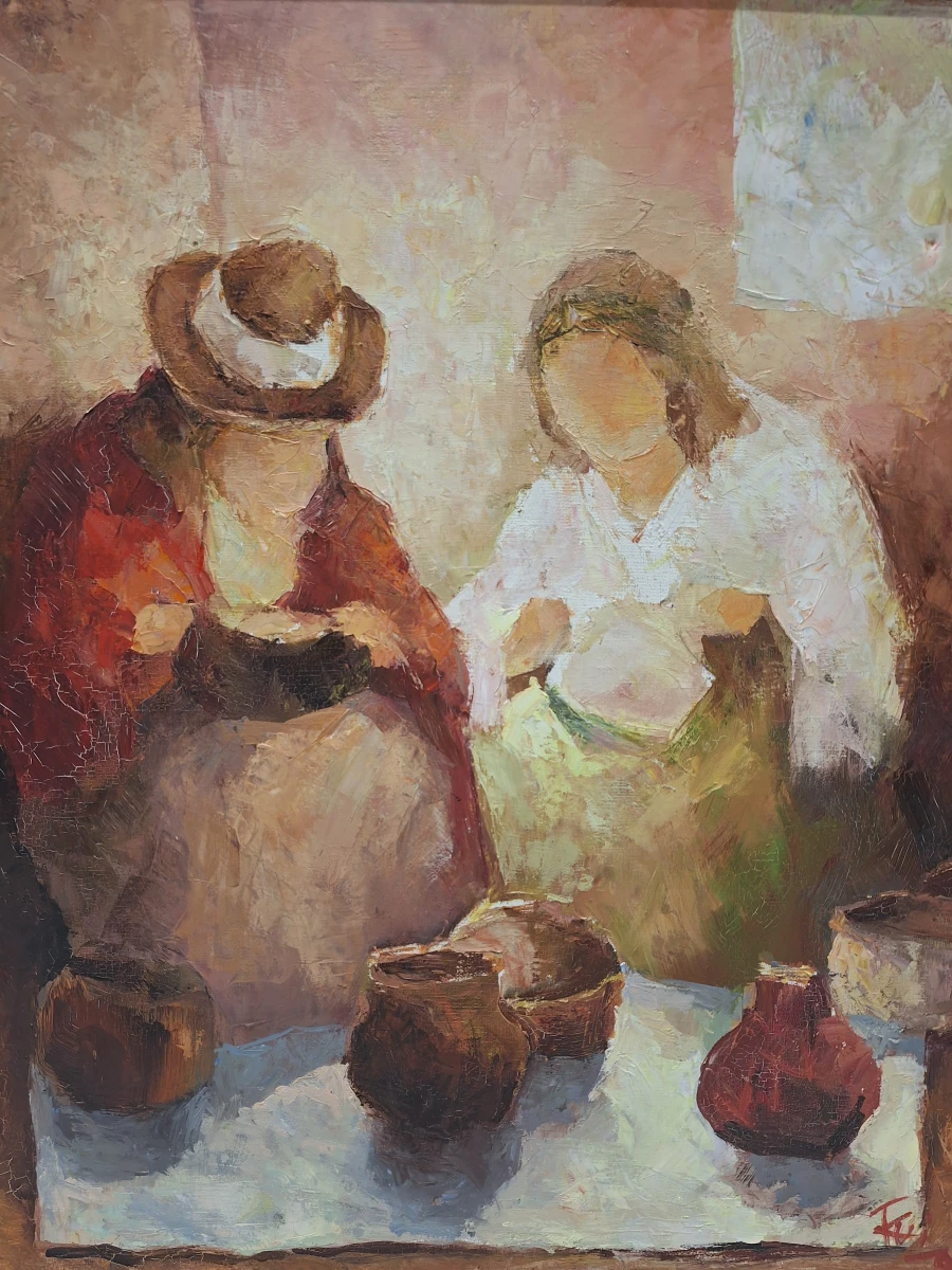 Gesigneerd olieverfschilderij - Twee vrouwen met aardewerk - expressionistisch tafereel, 1992 - foto 2