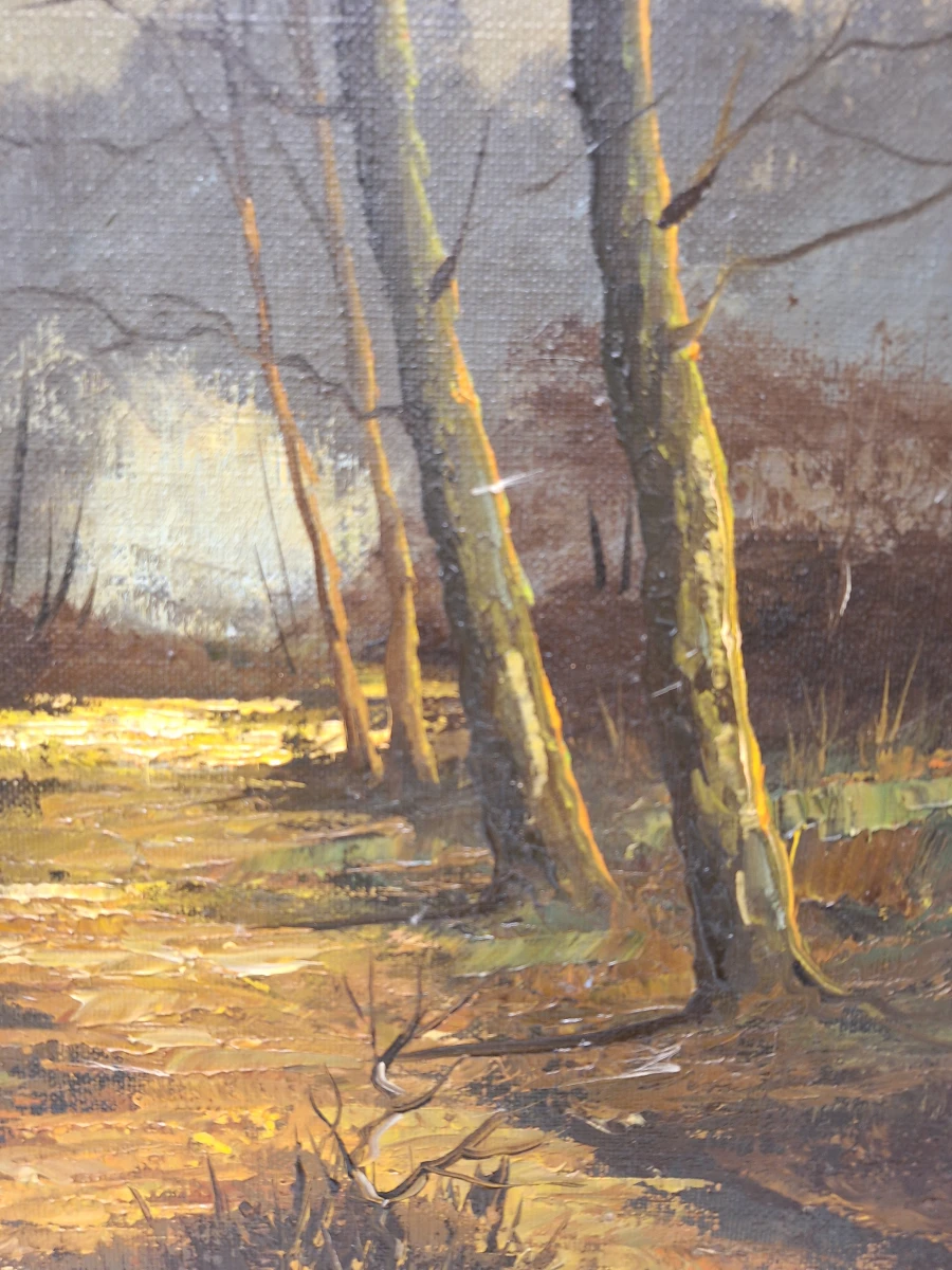 Gesigneerd olieverfschilderij - Boslandschap met waterpartij en avondlicht - foto 7