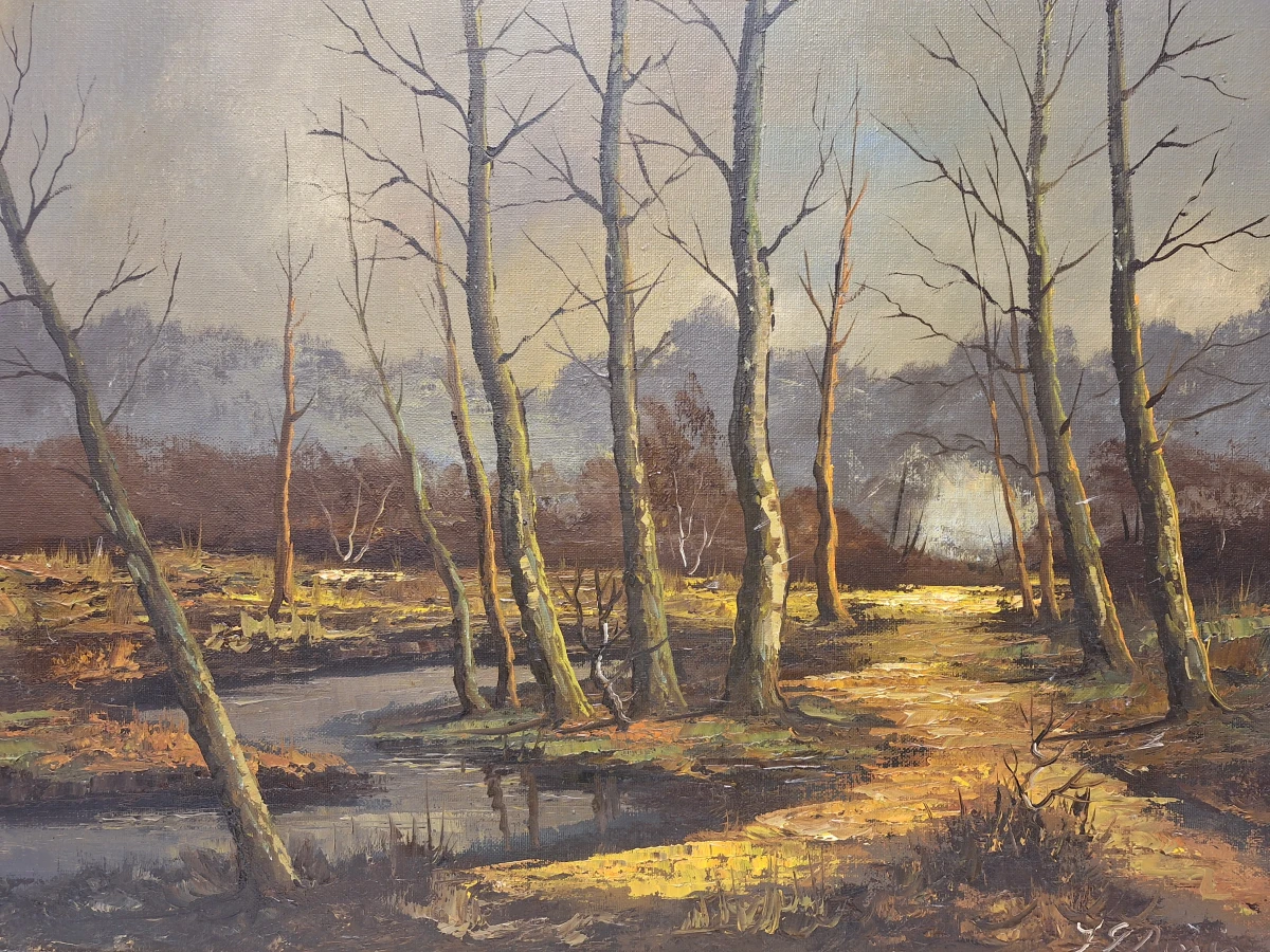 Gesigneerd olieverfschilderij - Boslandschap met waterpartij en avondlicht - foto 2