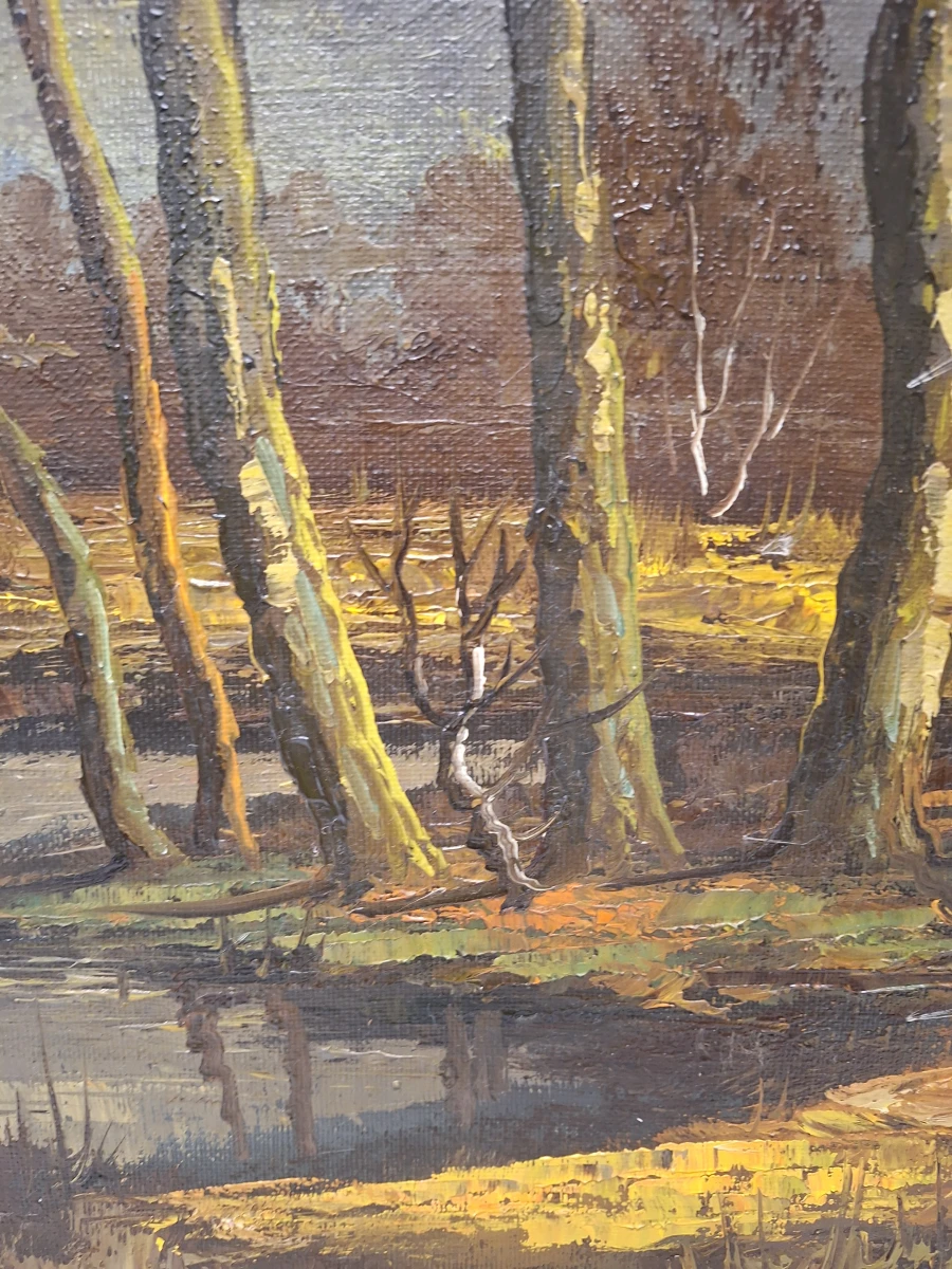 Gesigneerd olieverfschilderij - Boslandschap met waterpartij en avondlicht - foto 8