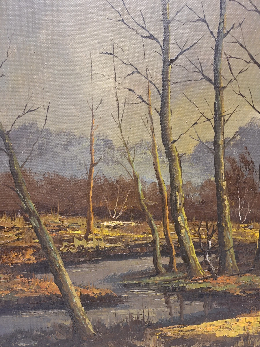Gesigneerd olieverfschilderij - Boslandschap met waterpartij en avondlicht - foto 4