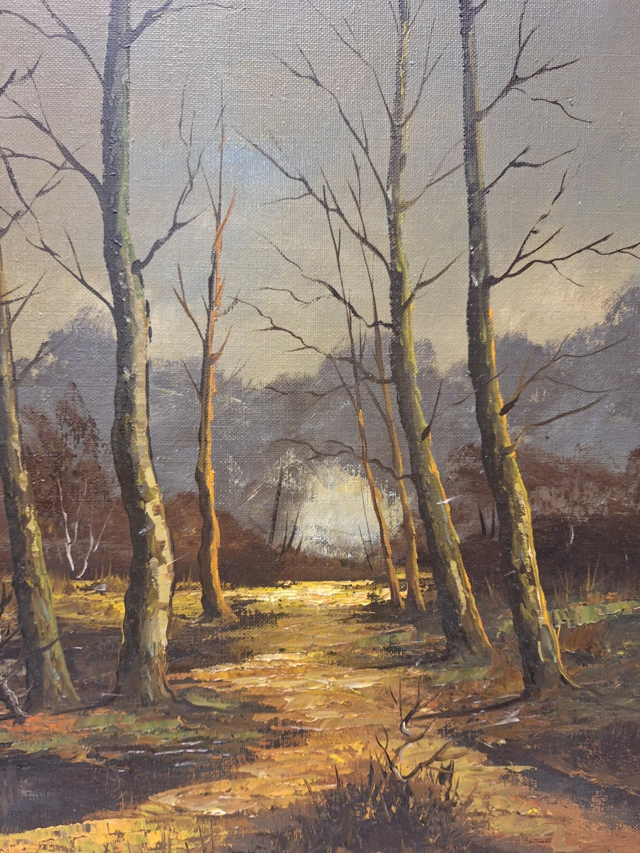 Gesigneerd olieverfschilderij - Boslandschap met waterpartij en avondlicht - foto 3